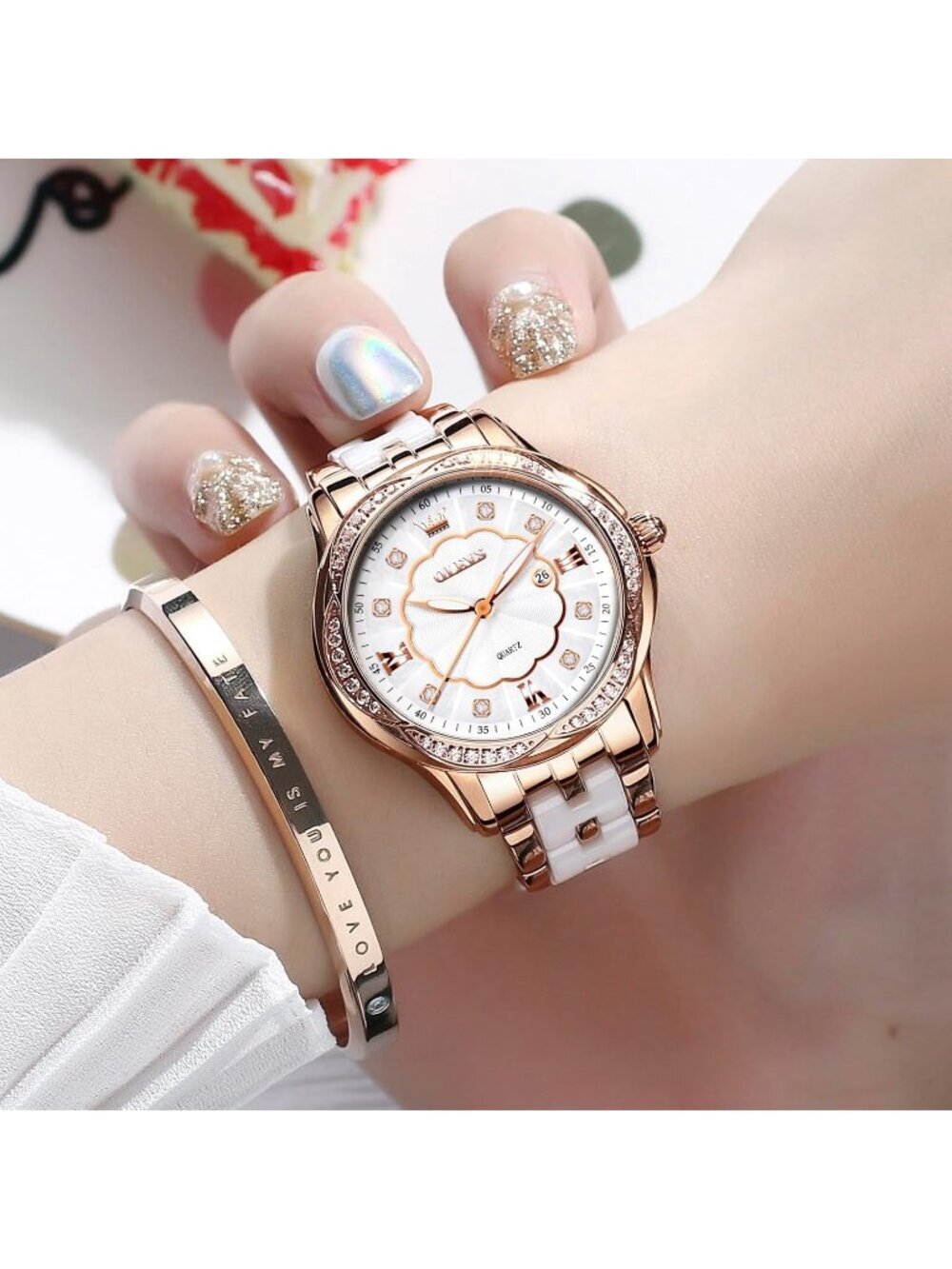 Womens Rose Gold Analog Quartz Ceramic Reloj Mujer Shinning Diamond Luxury Watch - Picture 5 of 7
